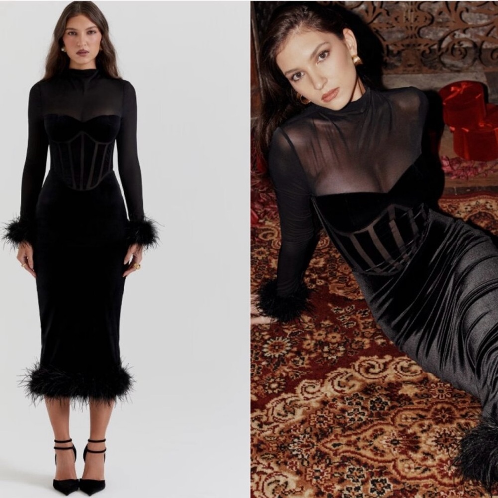 House of CB “Lianna” Velvet Mesh Dress with Feather Trim